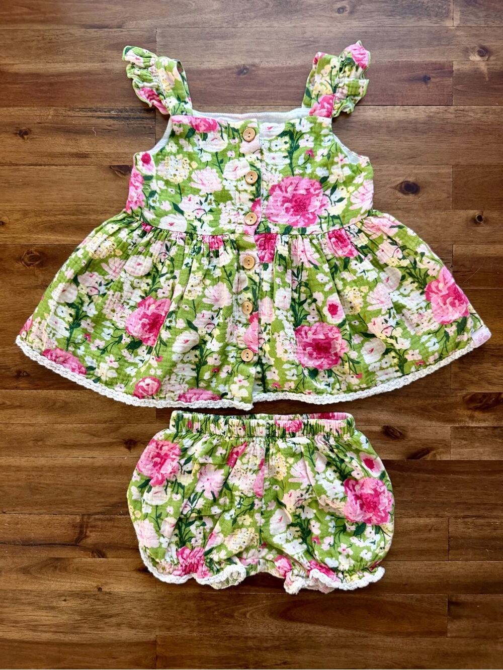 SweetHoney Girls Green Thumb Floral Beach Set 4T Ruffle Tank Bloomers Lace